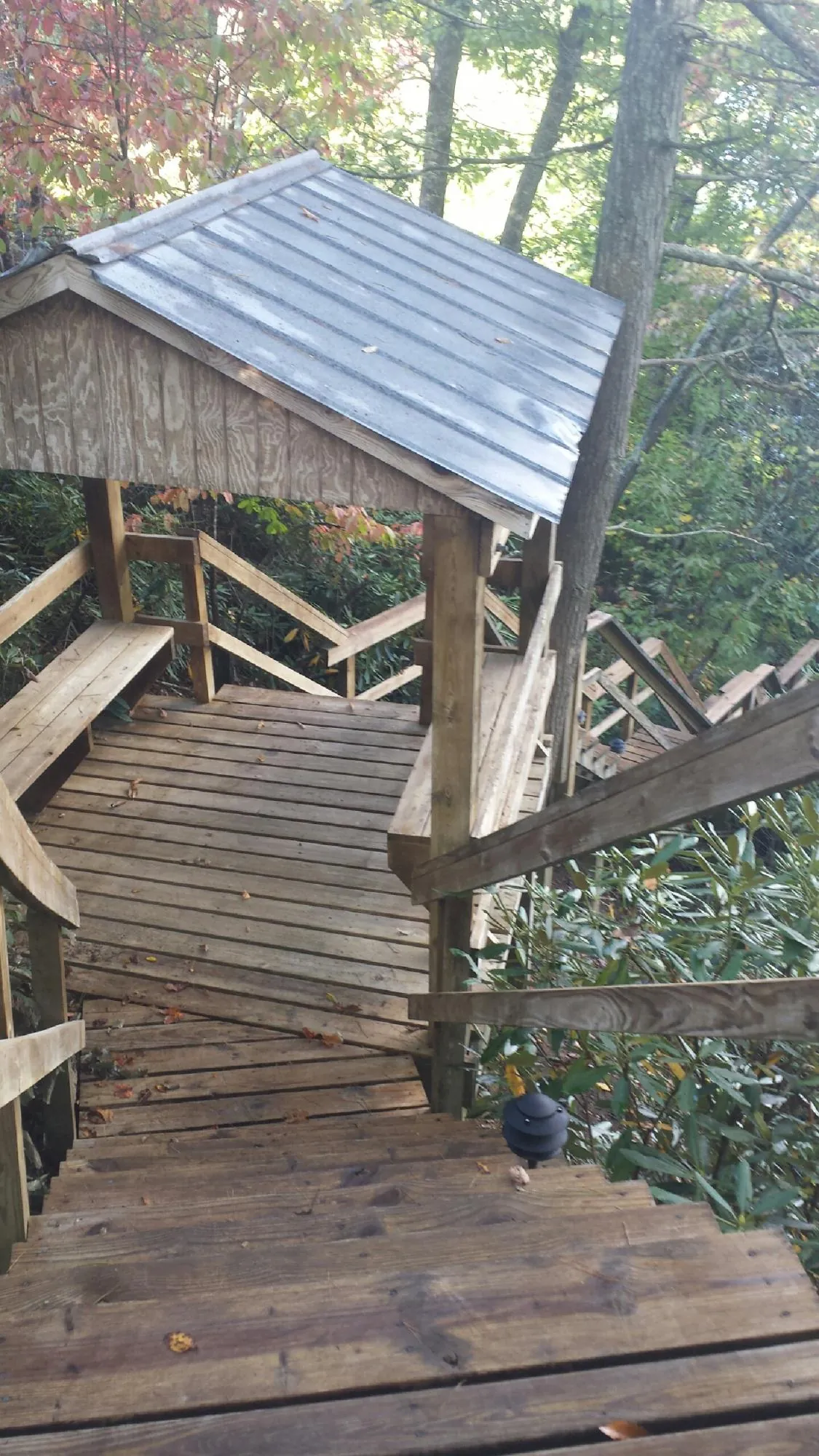 Metal roofed shelter over wooden steps on a wooded walkway — Skylight Repair & Installation work by our crew in Hoyt